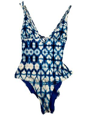 Cikada Women's One Piece Swimsuit Sleeveless Size 10 US 6 Blue White Tie-Dye